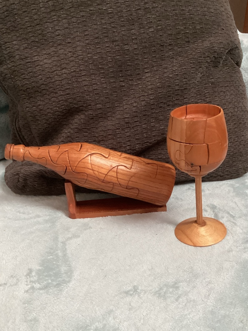 3D Handcrafted Wooden Wine Bottle Puzzle & Goblet Set - Brown